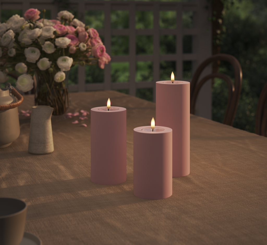 Outdoor LED Stumpenkerzen "staubiges Rosa"