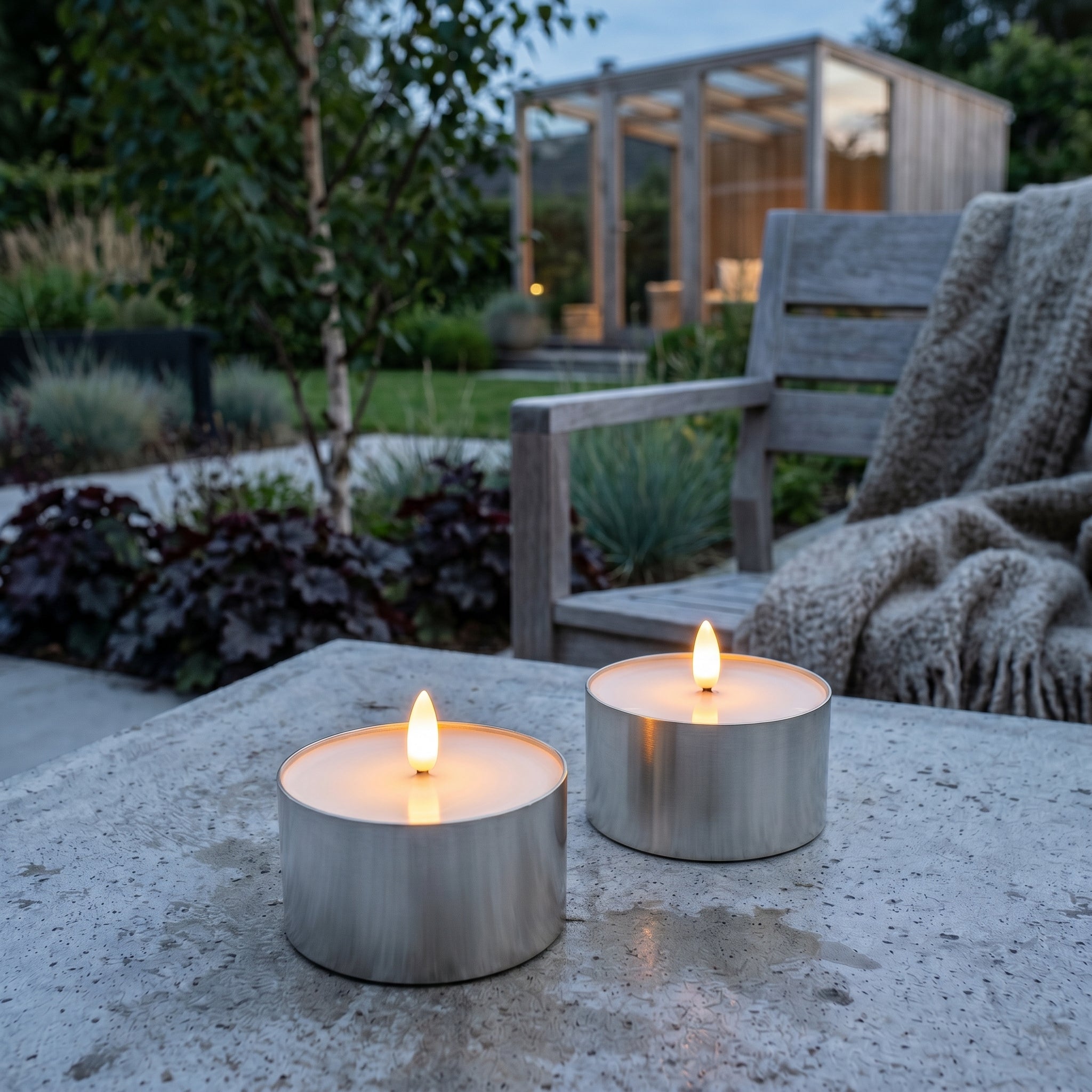 Outdoor LED Teelicht silver in verschiedenen Grössen